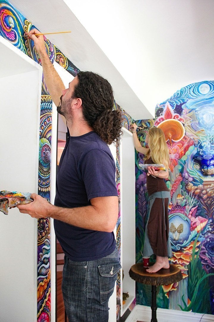 Randal Roberts & Morgan Mandala painting Mushroom Cafe mural